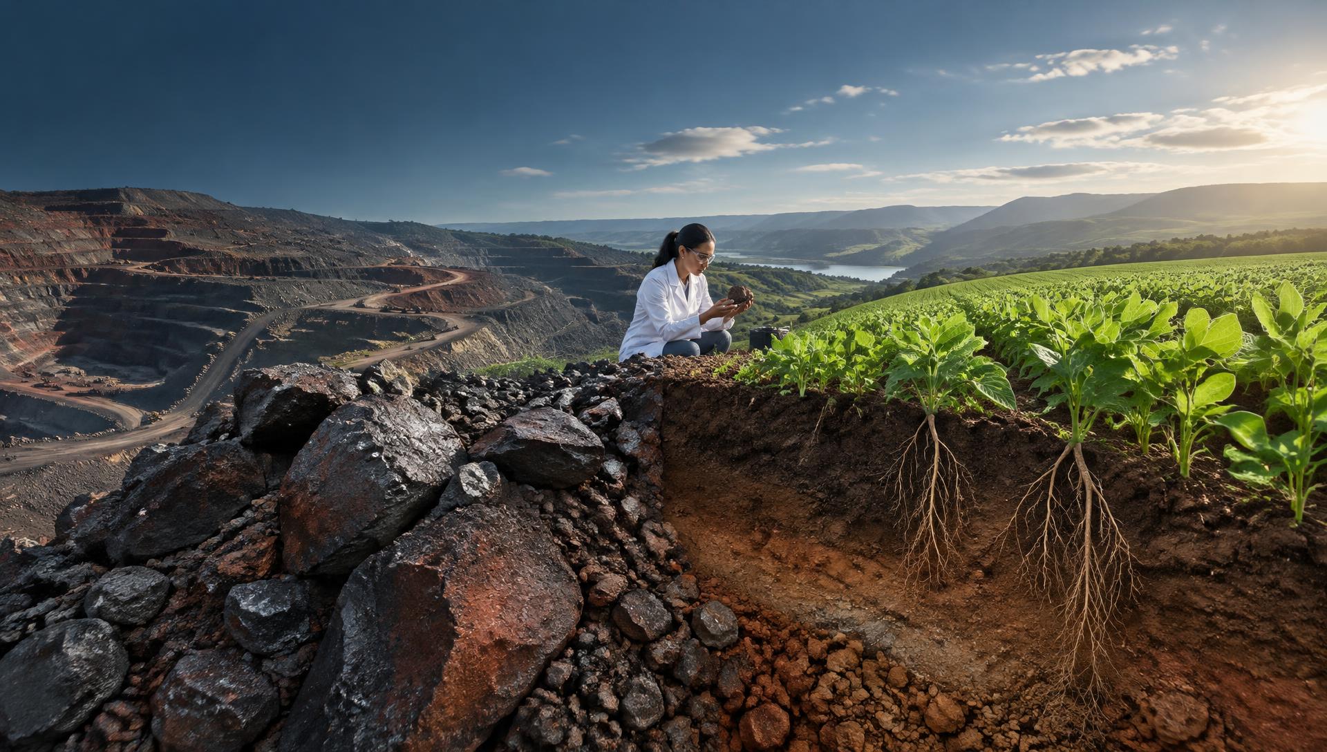 Transição entre mineração, pesquisa de minerais, solo com raízes e agricultura